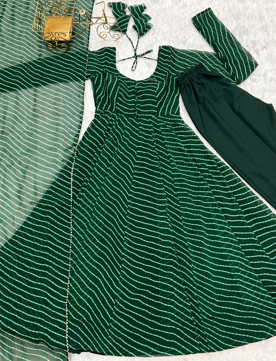 Bottle Green Leheriya Printed Georgette Flared Anarkali Gown with Dupatta & Pant Set