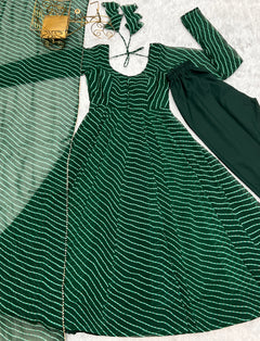 Bottle Green Leheriya Printed Georgette Flared Anarkali Gown with Dupatta & Pant Set