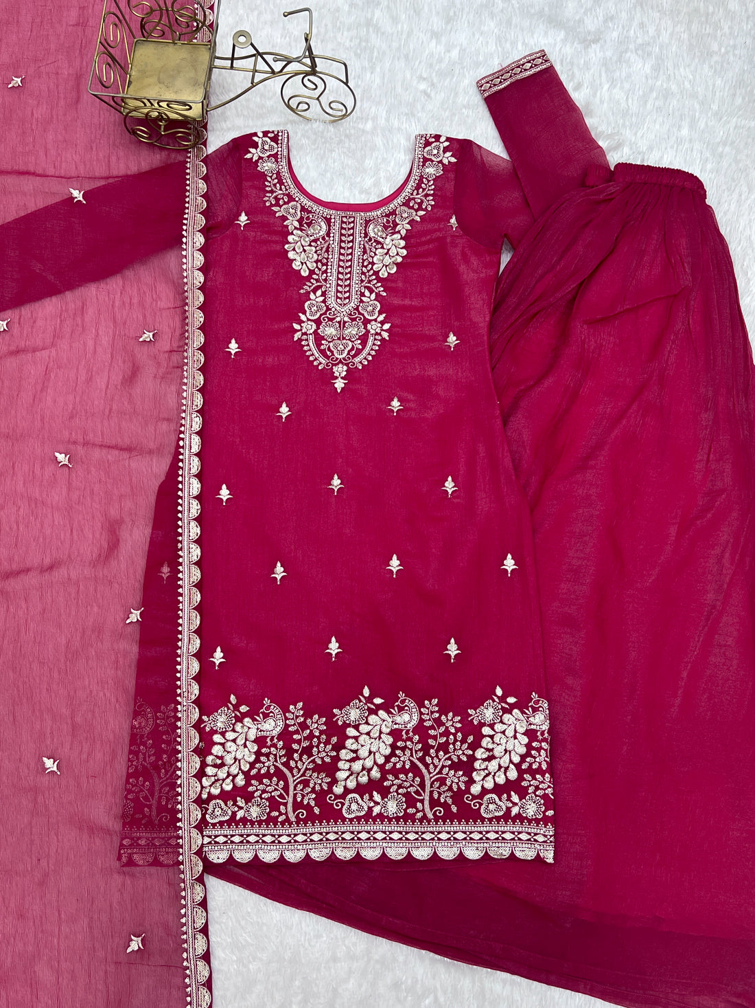 Premium Crunchy Silk Embroidered Kurta with Flared Sharara & Dupatta Set Dark Rani Pink