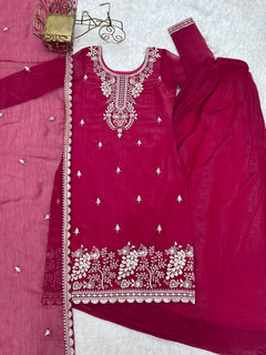 Premium Crunchy Silk Embroidered Kurta with Flared Sharara & Dupatta Set Dark Rani Pink