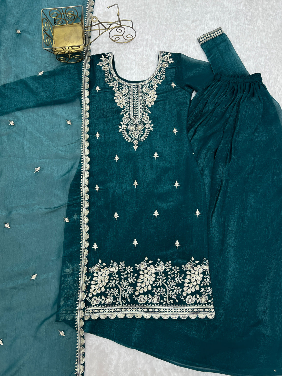 Premium Crunchy Silk Embroidered Kurta with Flared Sharara & Dupatta Set Teal Blue