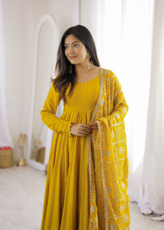 Sunshine Yellow Premium Romansilk Chanderi 16-Kali Flared Anarkali Gown with Embroidered Dupatta & Pant Se