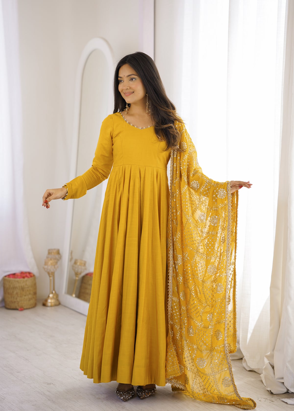 Sunshine Yellow Premium Romansilk Chanderi 16-Kali Flared Anarkali Gown with Embroidered Dupatta & Pant Se