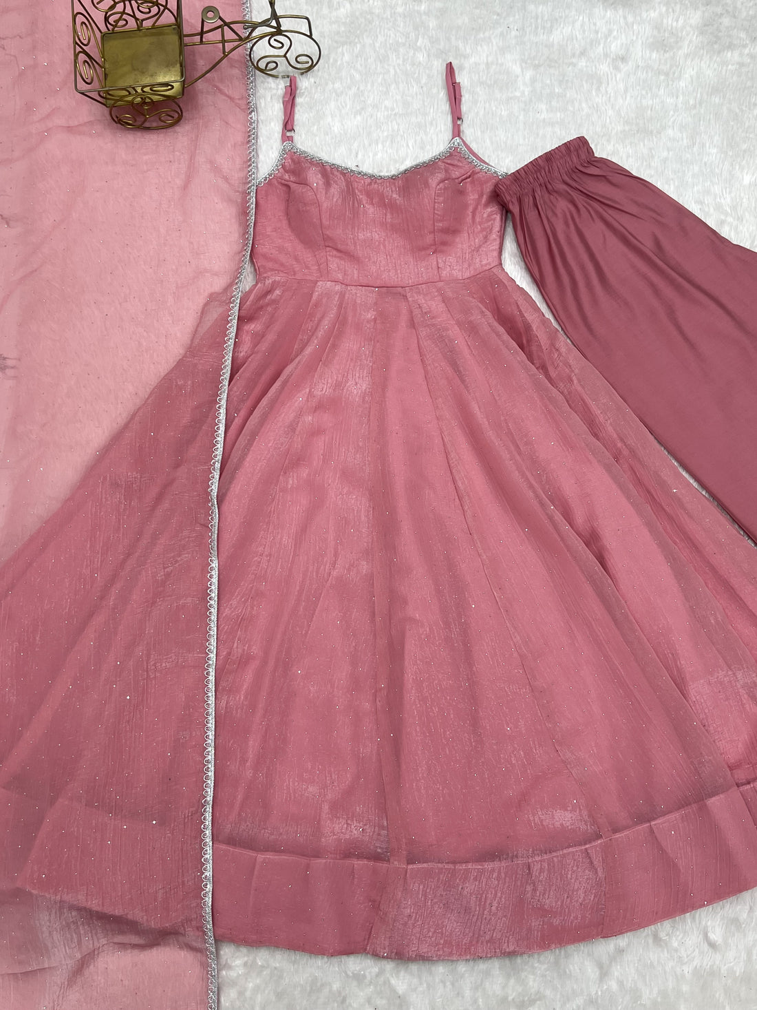 Baby Pink Crunchy Silk Swarovski Work Flared Anarkali Gown with Dupatta & Pant Set