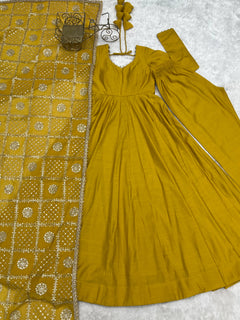 Mustard Yellow Premium Romansilk Chanderi 16-Kali Flared Anarkali Gown with Embroidered Dupatta & Pant Set