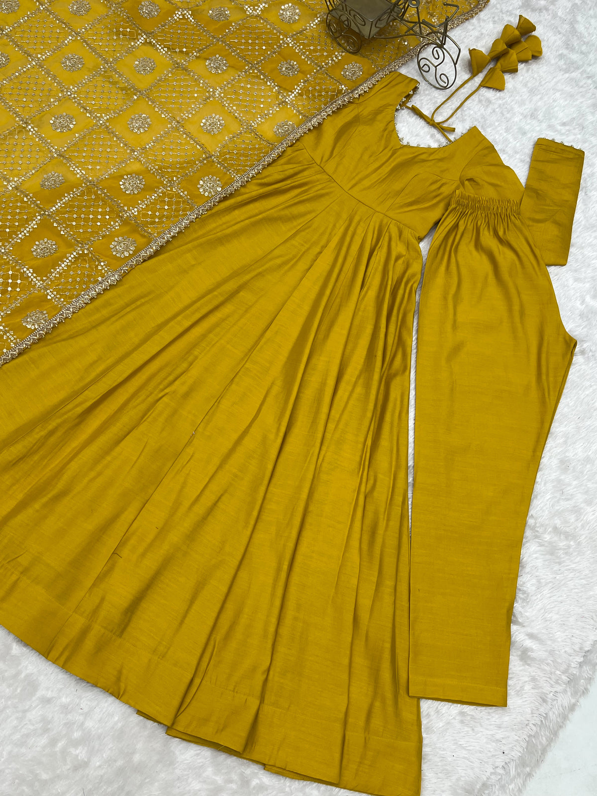 Mustard Yellow Premium Romansilk Chanderi 16-Kali Flared Anarkali Gown with Embroidered Dupatta & Pant Set