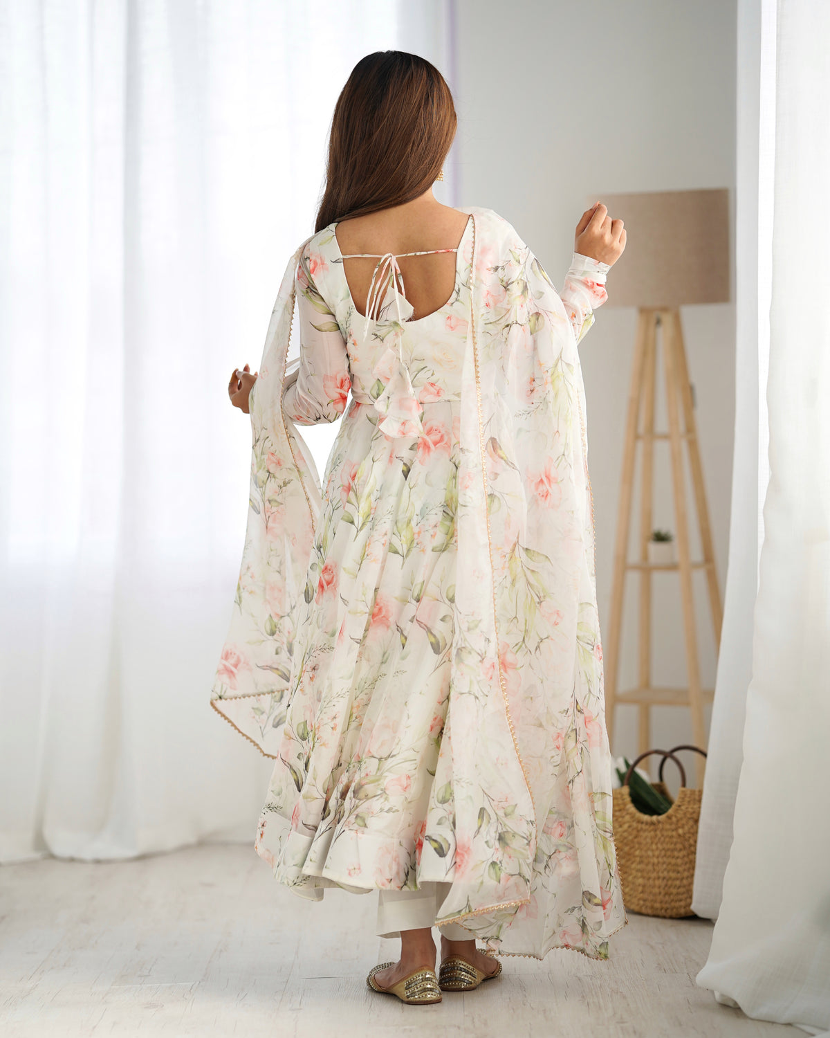 Off-White Floral Printed Organza Silk Flared Anarkali Gown with Dupatta & Pant Set