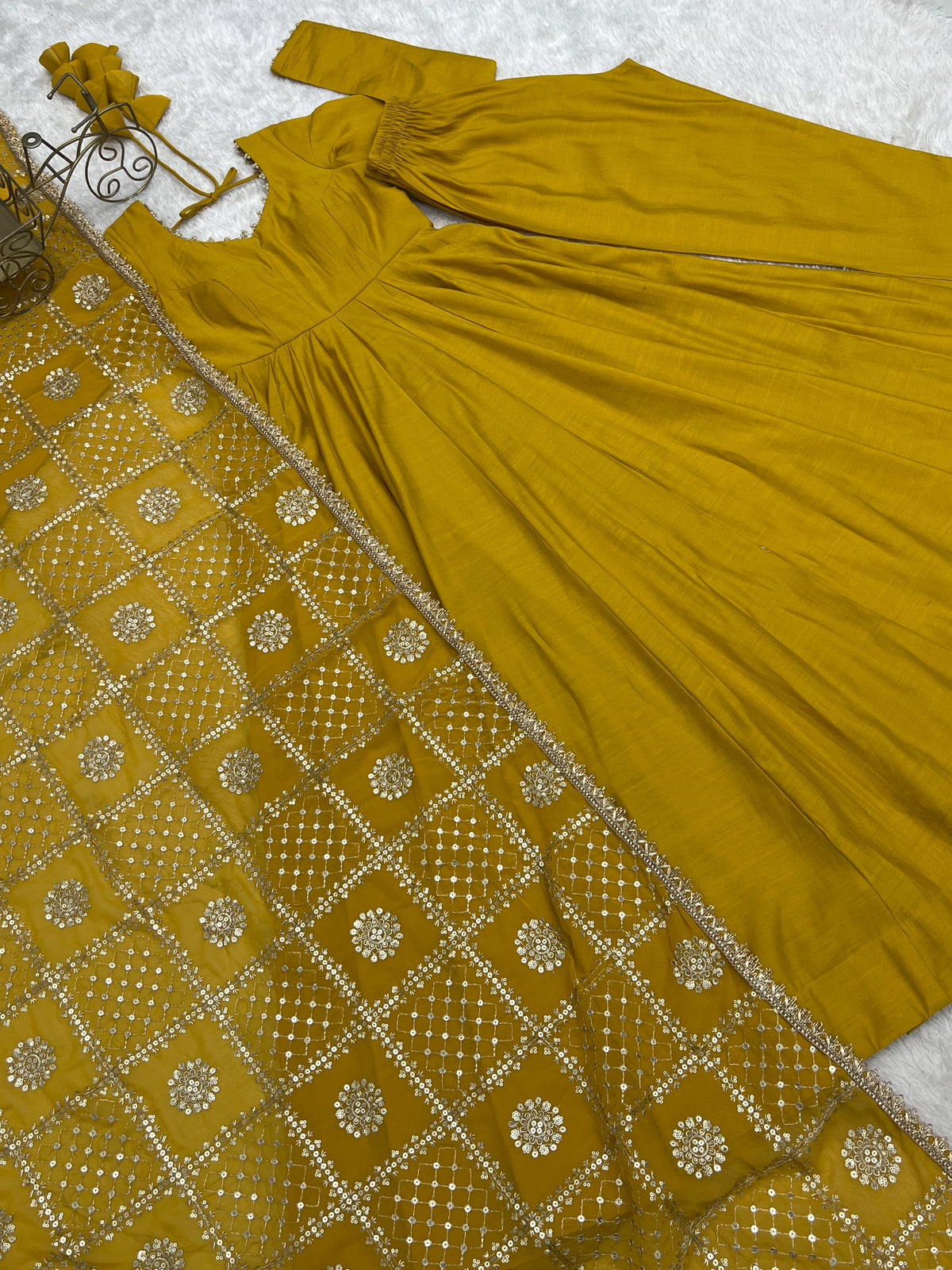Mustard Yellow Premium Romansilk Chanderi 16-Kali Flared Anarkali Gown with Embroidered Dupatta & Pant Set