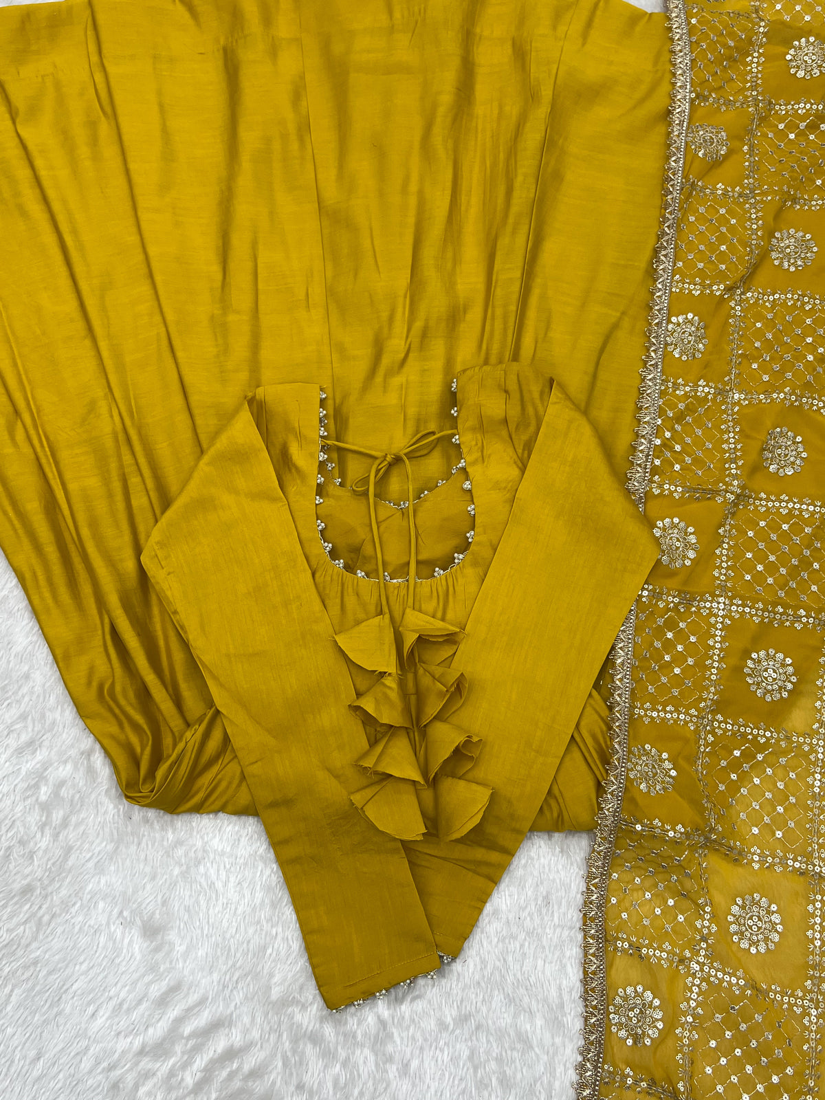 Mustard Yellow Premium Romansilk Chanderi 16-Kali Flared Anarkali Gown with Embroidered Dupatta & Pant Set