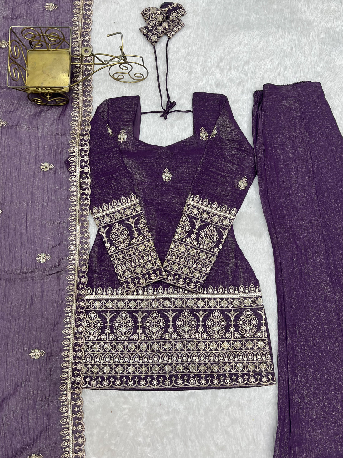 Deep Purple Crunchy Silk Embroidered Kurta with Bell Bottom Pants & Dupatta Set