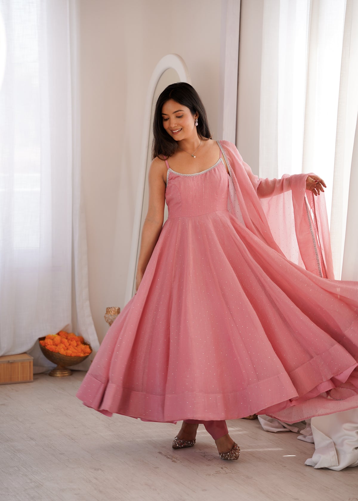 Baby Pink Crunchy Silk Swarovski Work Flared Anarkali Gown with Dupatta & Pant Set