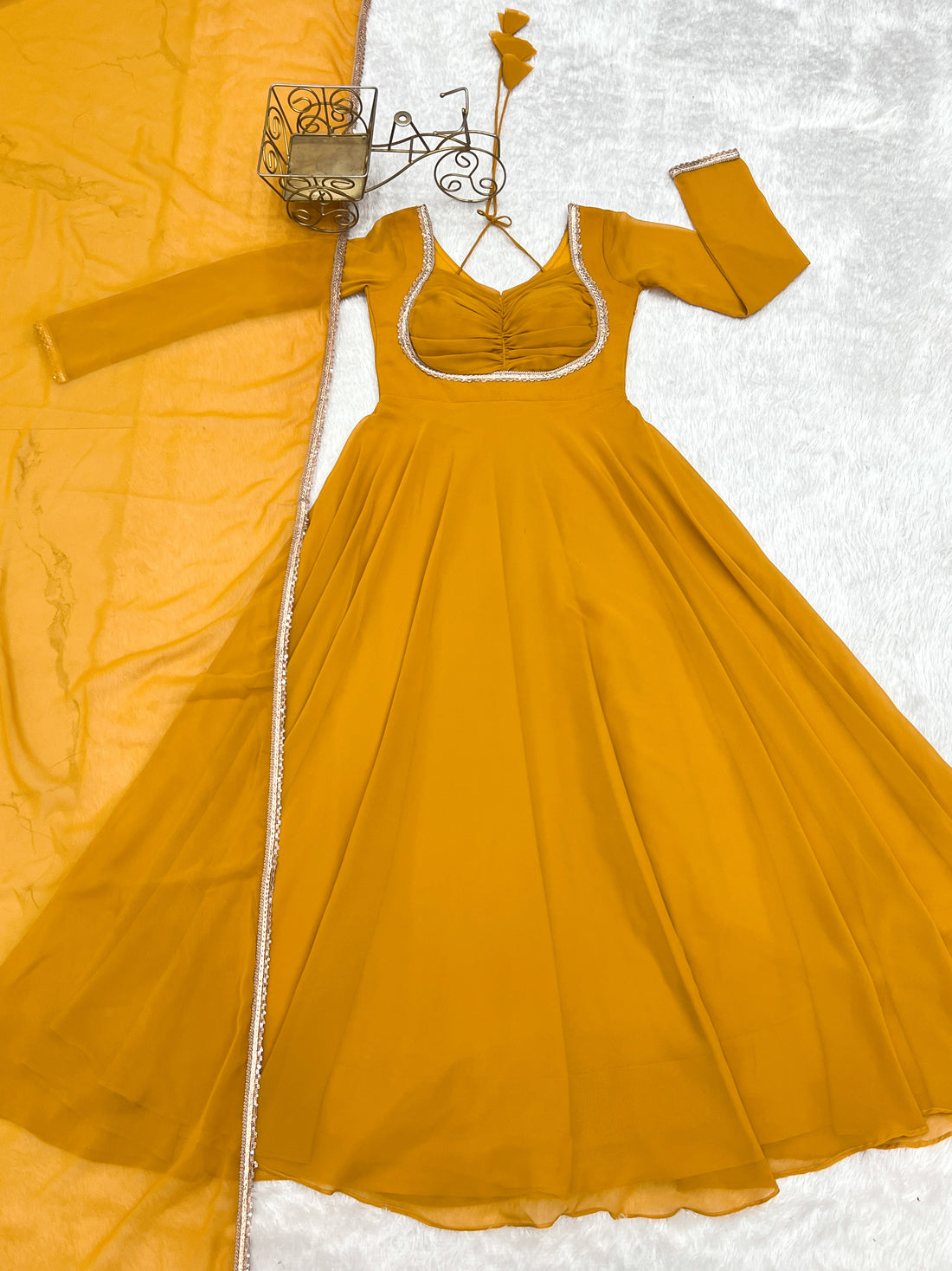Mustard Yellow Georgette Flared Anarkali Gown with Dupatta Set