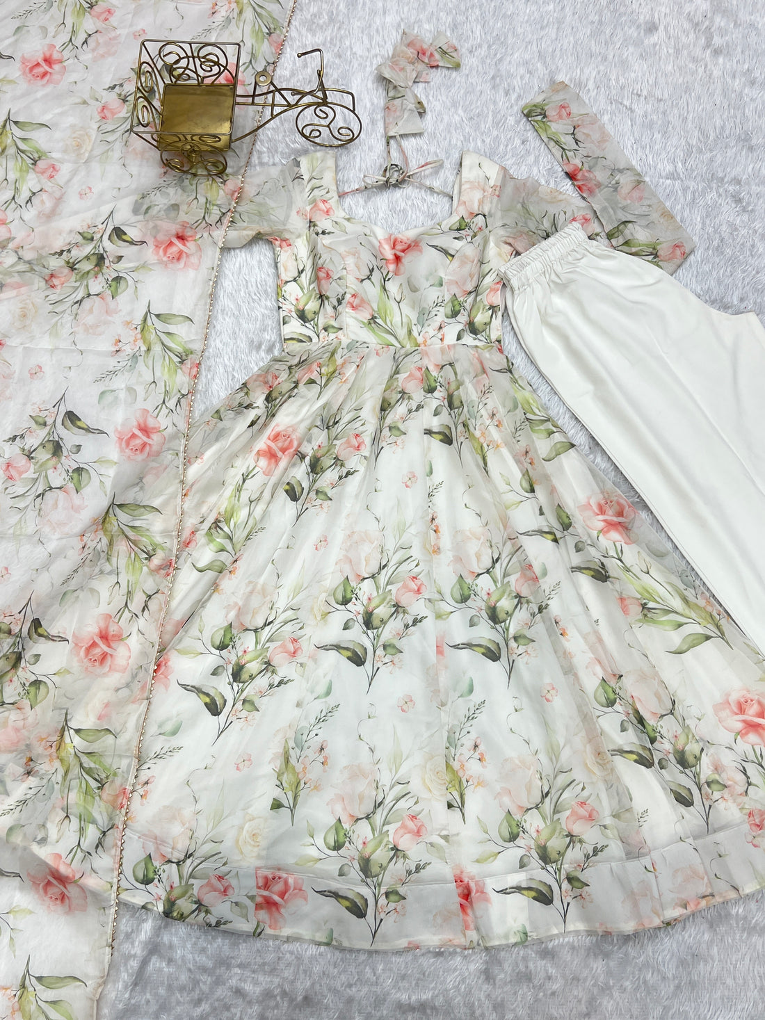 Off-White Floral Printed Organza Silk Flared Anarkali Gown with Dupatta & Pant Set