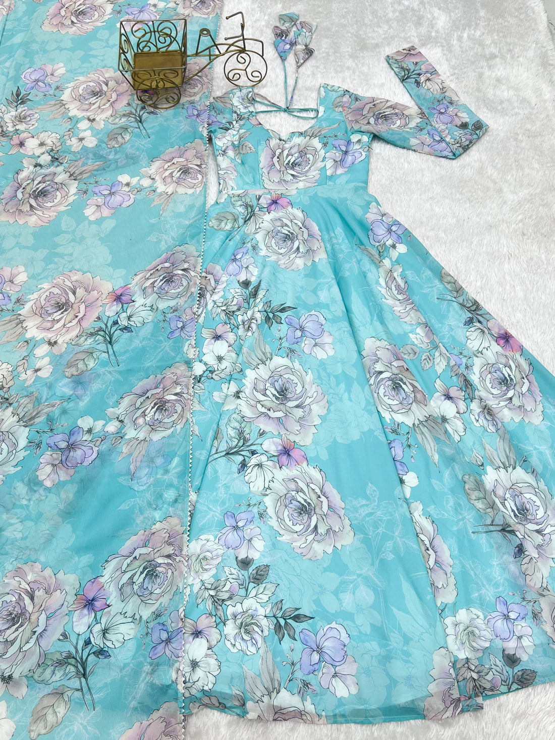 Sky Blue Floral Printed Fox Georgette Flared Anarkali Gown with Dupatta Set