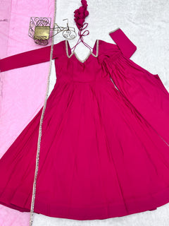 Dark Rani Pink Romansilk Chanderi Flared Anarkali Gown with Net Dupatta & Pant Set
