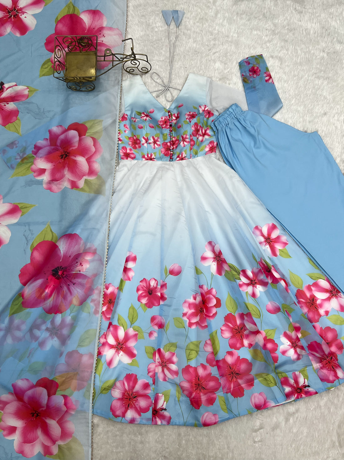 Sky Blue Floral Printed Organza Silk Flared Anarkali Gown with Dupatta & Pant Set