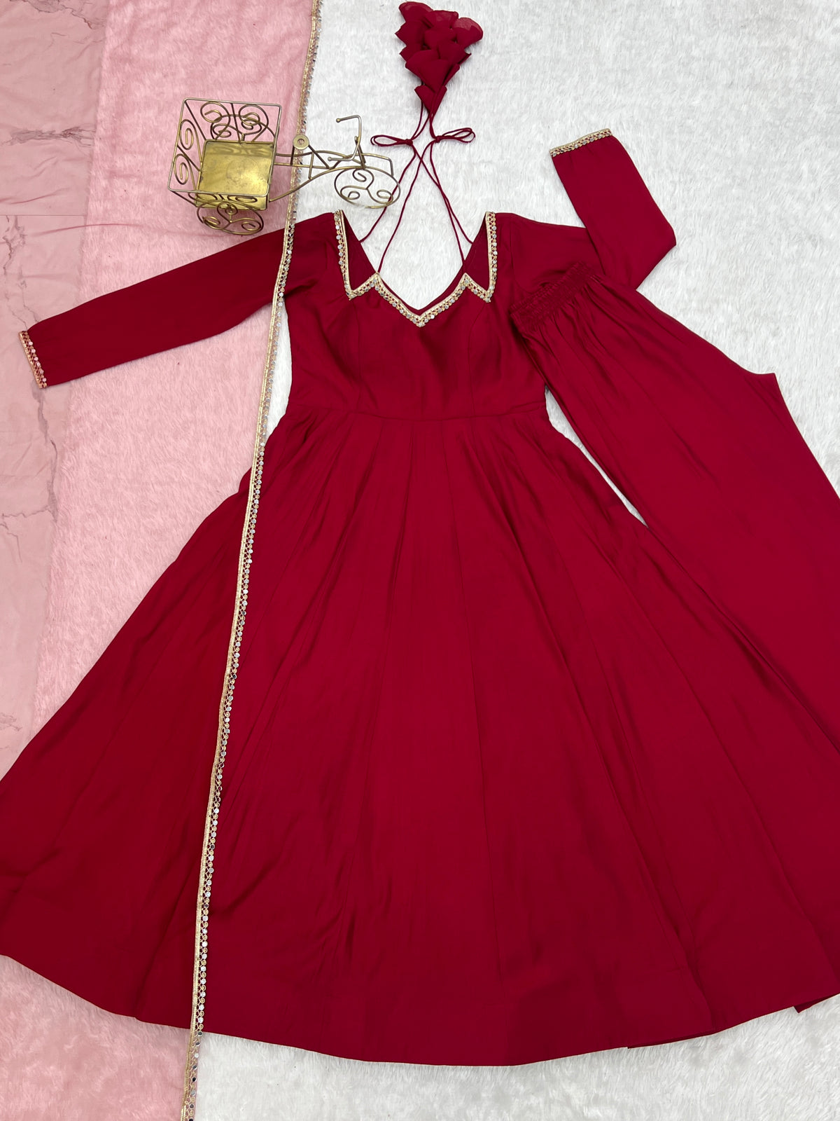 Premium Maroon Romansilk Chanderi Flared Anarkali Gown with Net Dupatta & Pant Set