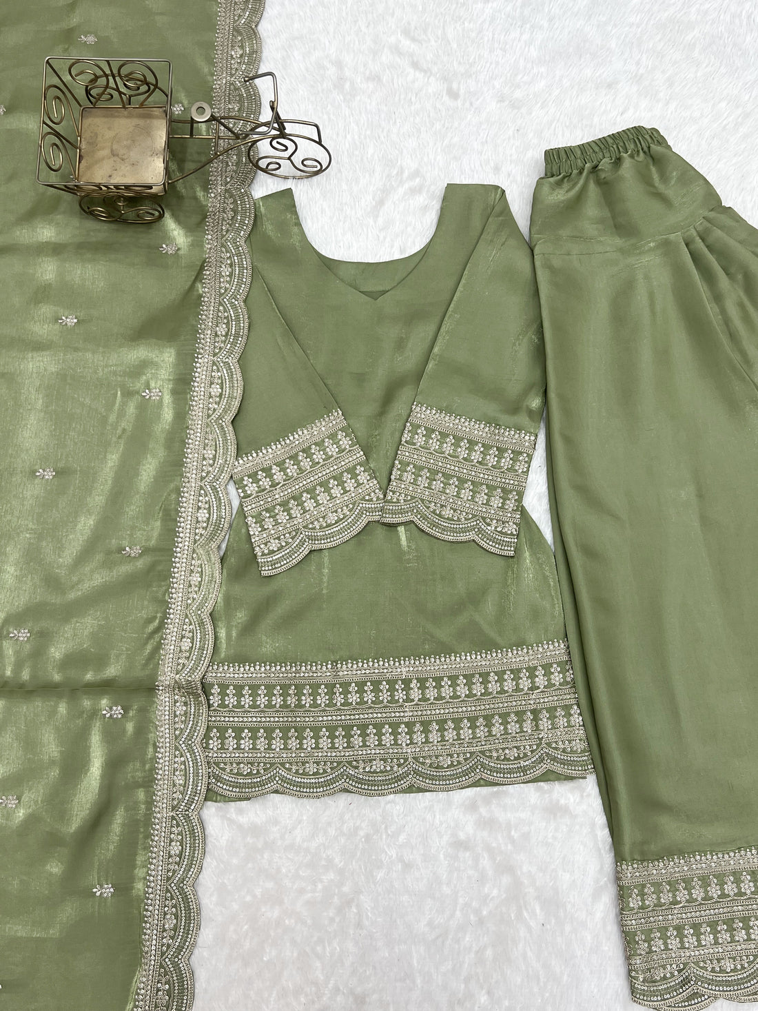 Sage Green Romansilk Chanderi Embroidered Kurta Pant Set with Matching Dupatta
