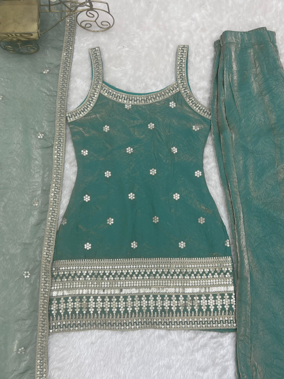 Sea Green Fendy Silk Embroidered Sleeveless Kurta with Bell Bottom Pants & Dupatta Set