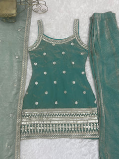 Sea Green Fendy Silk Embroidered Sleeveless Kurta with Bell Bottom Pants & Dupatta Set