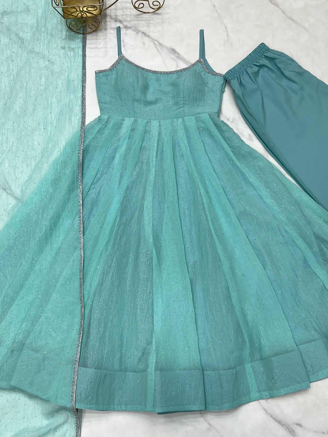 Sea Green Crunchy Silk Swarovski Work Flared Anarkali Gown with Dupatta & Pant Set