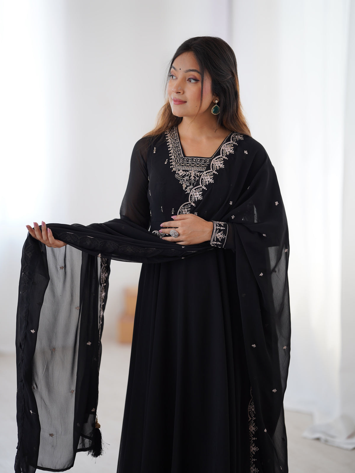 Black Embroidered Fox Georgette Flared Anarkali Gown with Dupatta & Pant Set