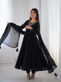 Black Embroidered Fox Georgette Flared Anarkali Gown with Dupatta & Pant Set