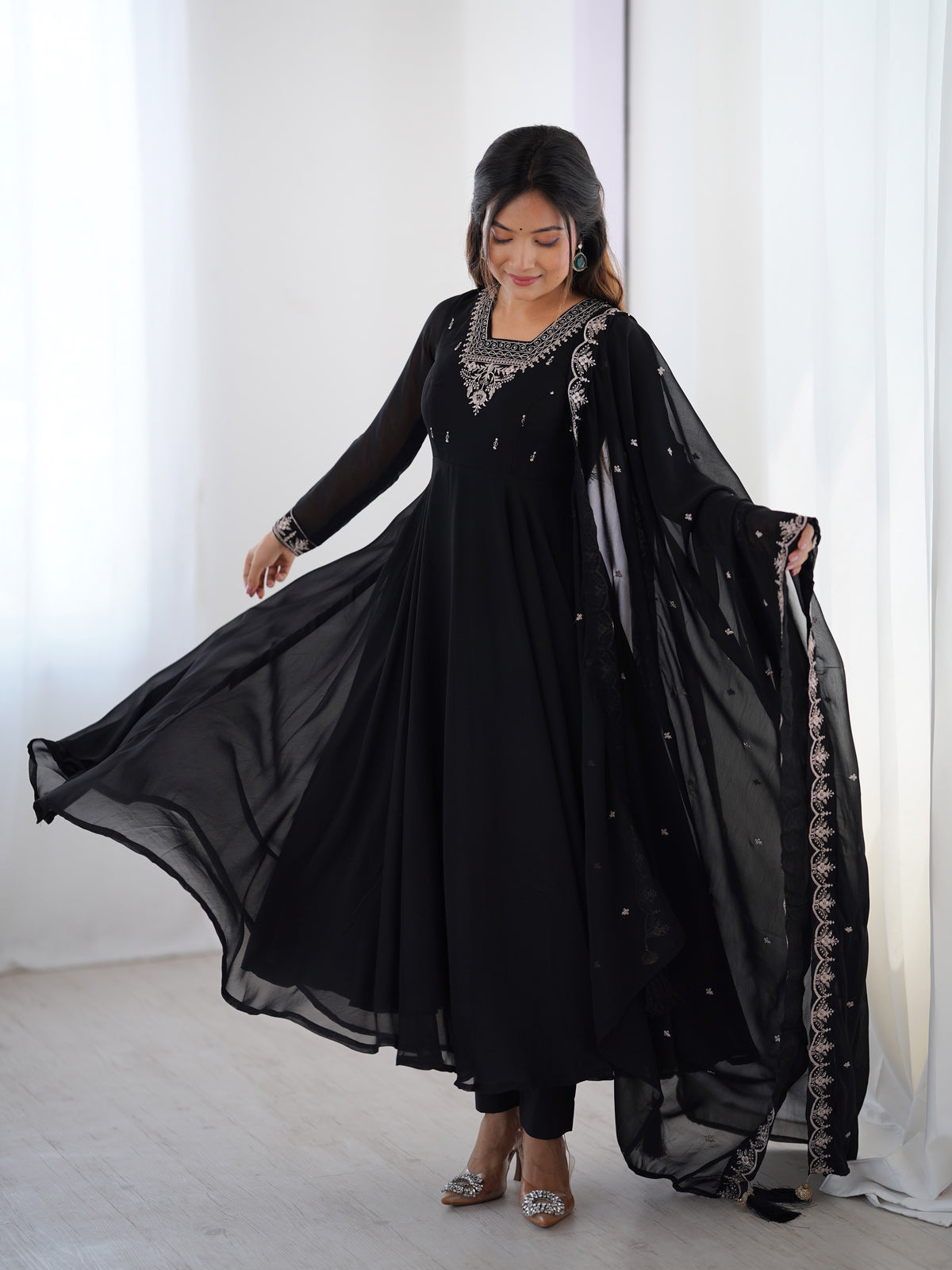 Black Embroidered Fox Georgette Flared Anarkali Gown with Dupatta & Pant Set