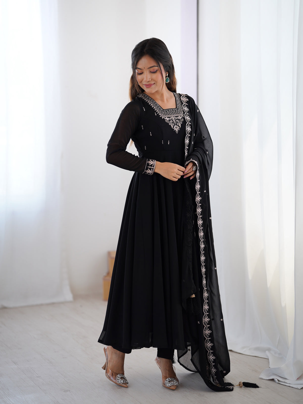 Black Embroidered Fox Georgette Flared Anarkali Gown with Dupatta & Pant Set