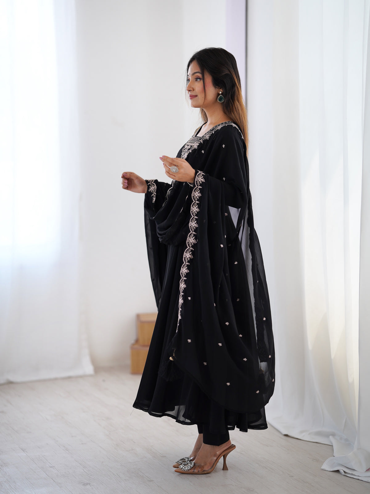 Black Embroidered Fox Georgette Flared Anarkali Gown with Dupatta & Pant Set
