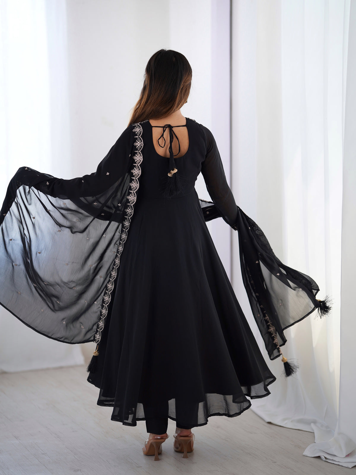 Black Embroidered Fox Georgette Flared Anarkali Gown with Dupatta & Pant Set