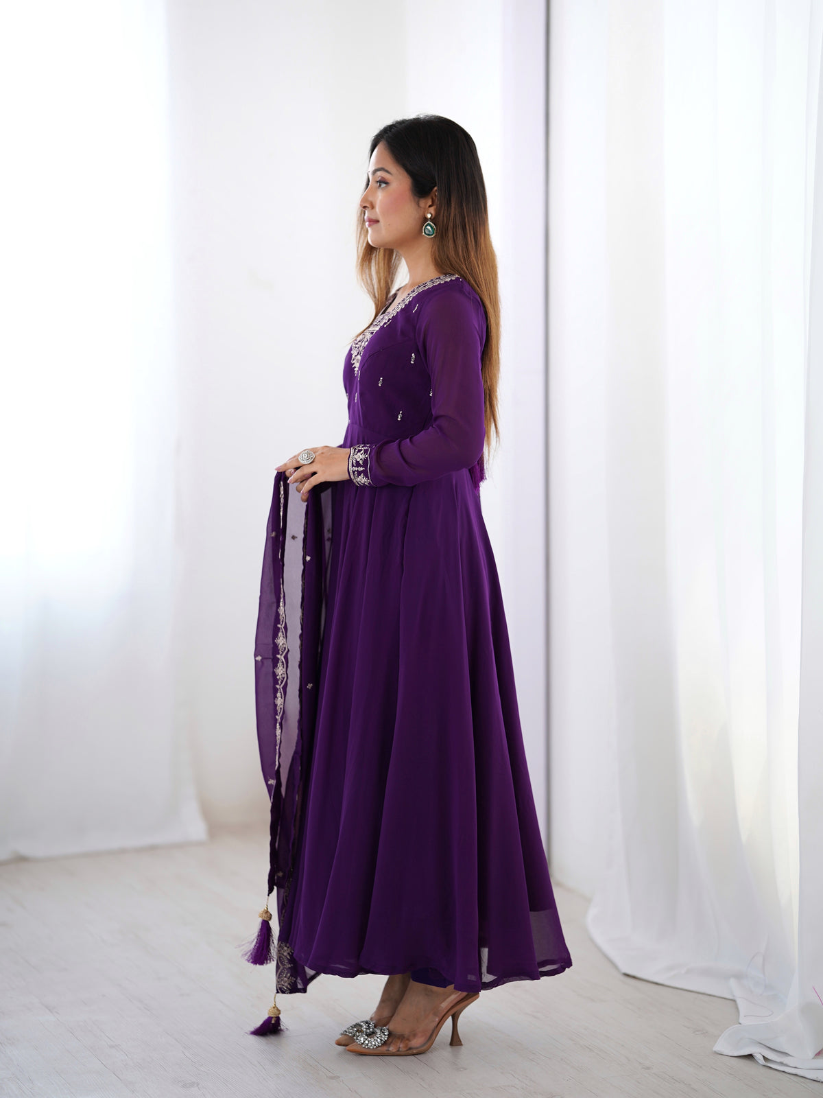 Purple Embroidered Fox Georgette Flared Anarkali Gown with Pant & Dupatta Set