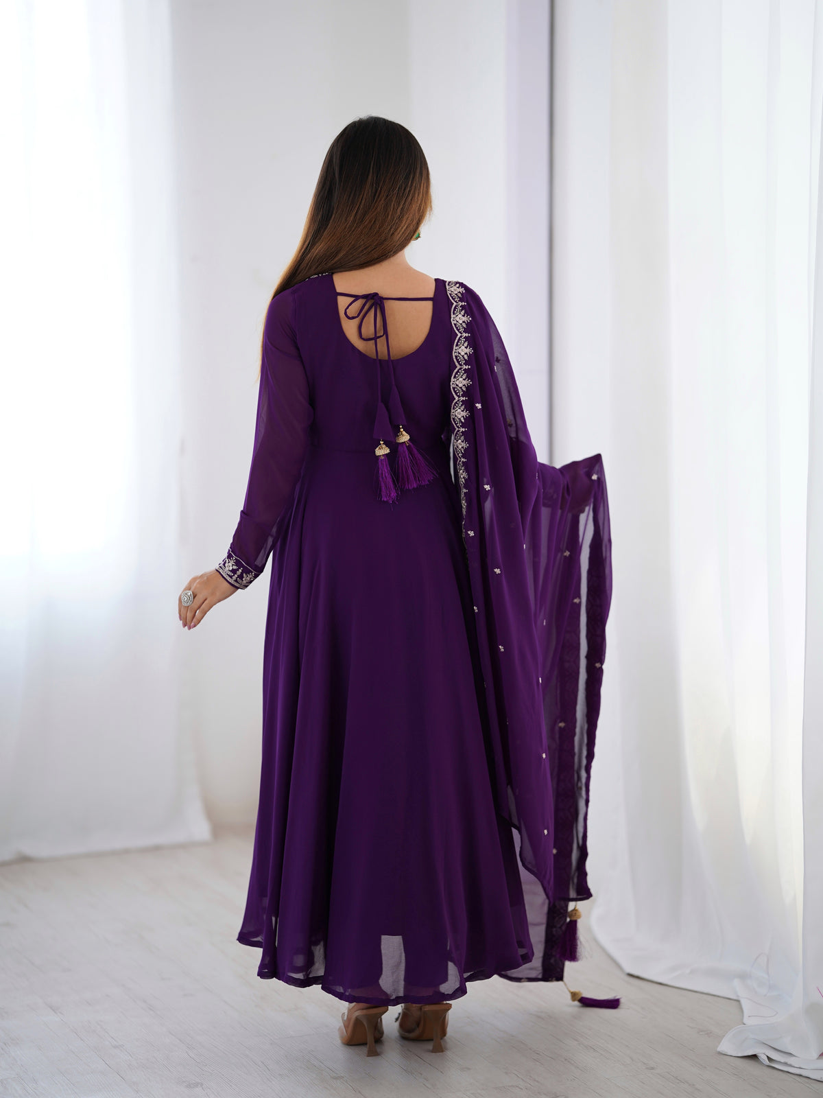Purple Embroidered Fox Georgette Flared Anarkali Gown with Pant & Dupatta Set