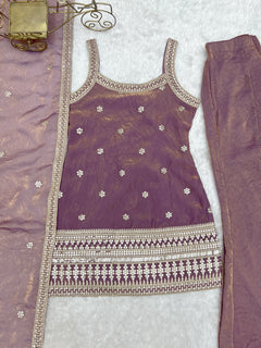 Dusty Mauve Fendy Silk Embroidered Sleeveless Kurta with Bell Bottom Pants & Dupatta Set