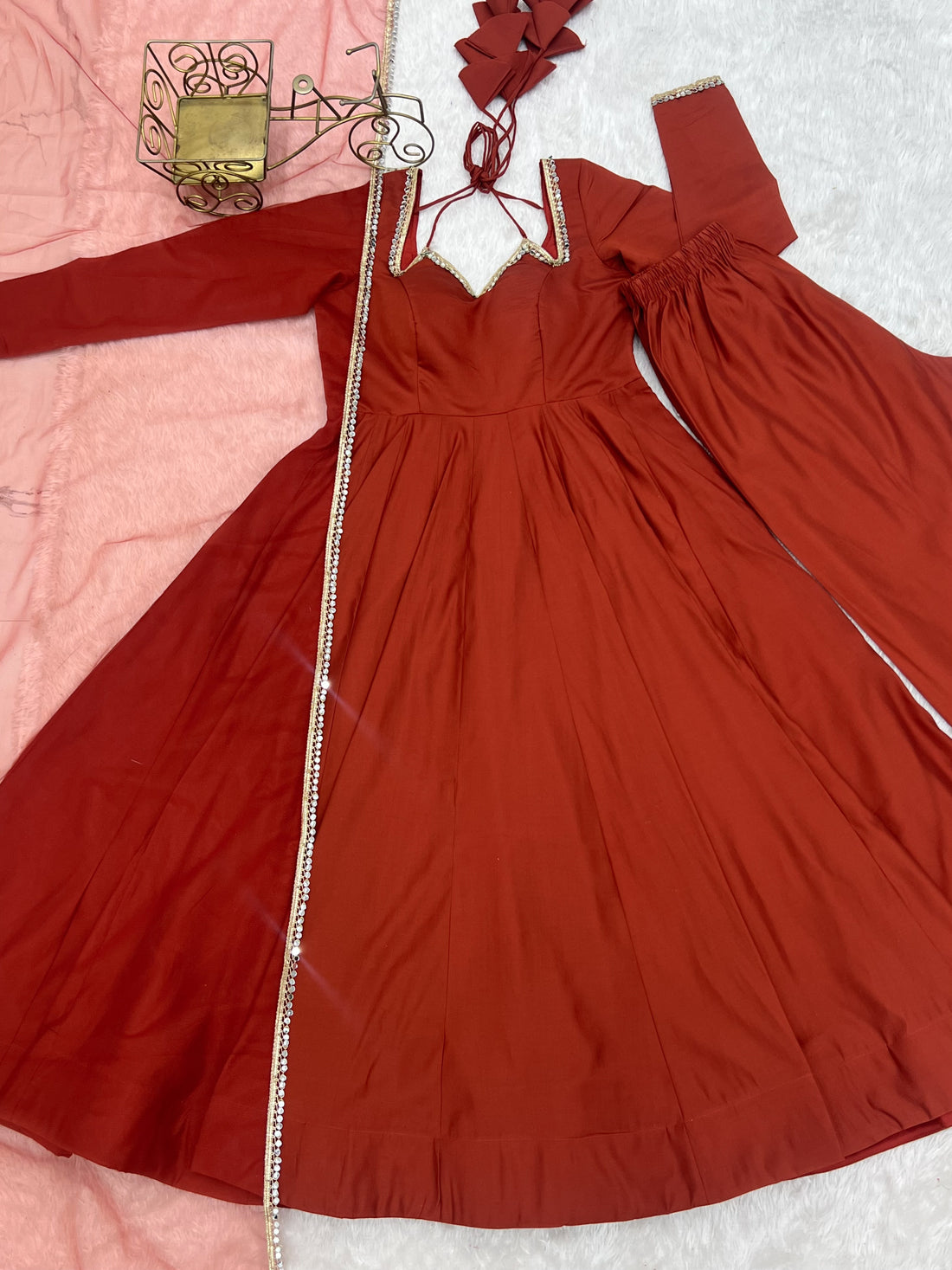Rust Orange Romansilk Chanderi Flared Anarkali Gown with Net Dupatta & Pant Set