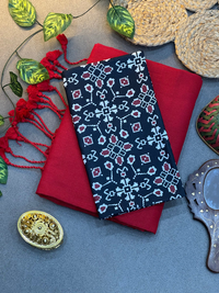 Classic Red Saree with Black Geometric Ethnic Printed Blouse Piece