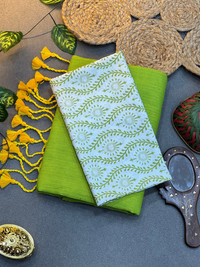 Lime Green Saree with Green Botanical Printed Blouse Piece