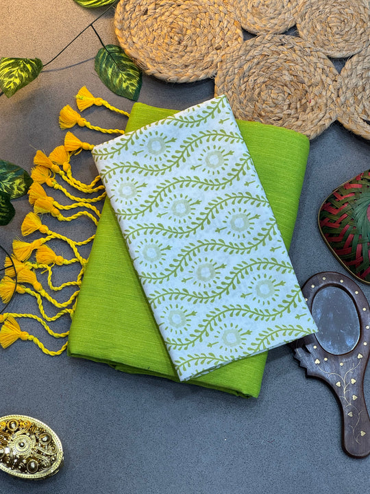 Lime Green Saree with Green Botanical Printed Blouse Piece