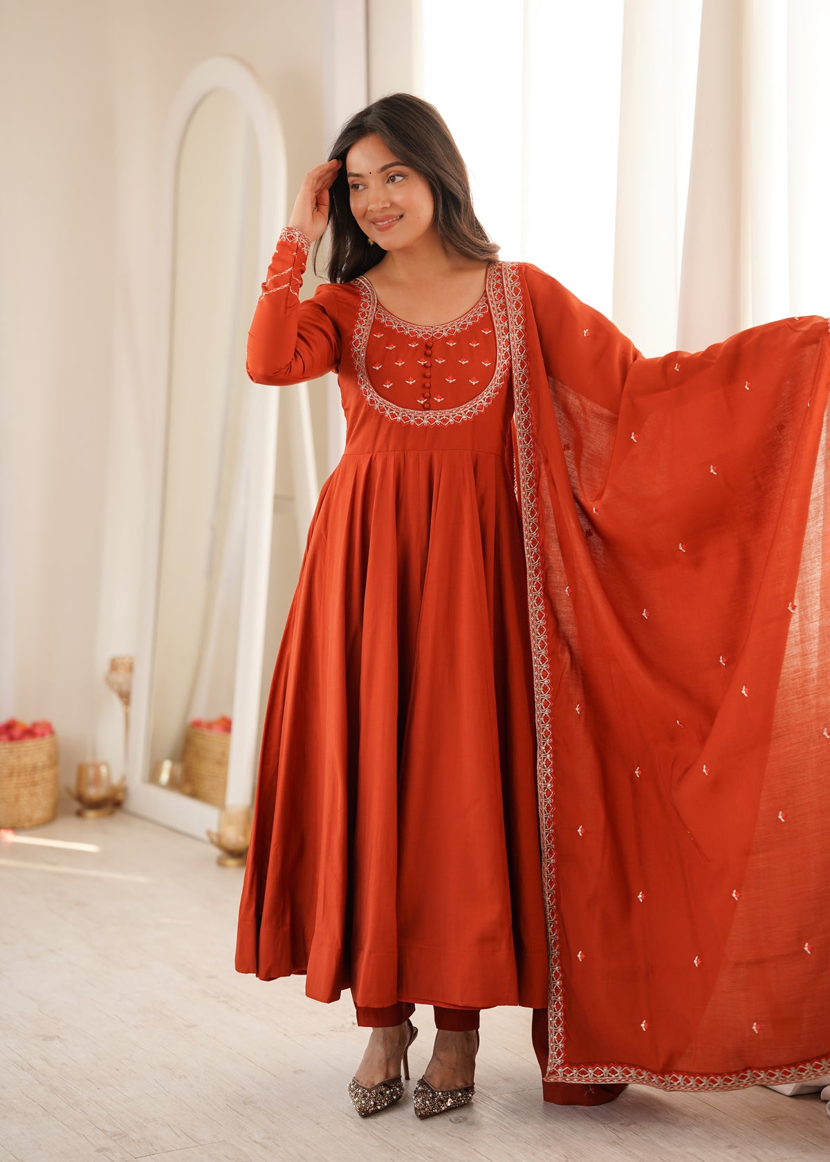 Rust Orange Roman Chanderi Silk 16-Kali Flared Anarkali Gown with Embroidered Dupatta & Pant Set