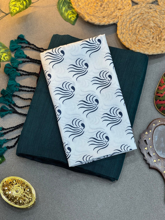 Deep Teal Blue Saree with Navy Abstract Printed Blouse Piece