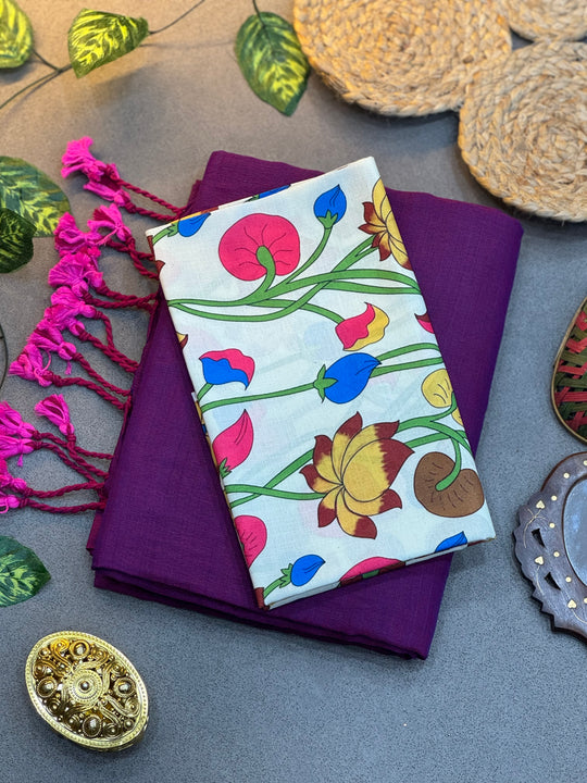 Deep Purple Saree with Multicolour Lotus Floral Printed Blouse Piece