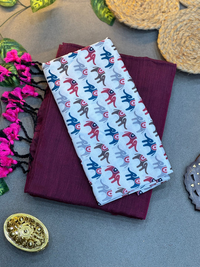 Wine Purple Saree with Multicolour Abstract Printed Blouse Piece