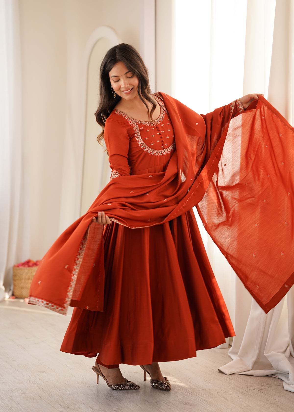 Rust Orange Roman Chanderi Silk 16-Kali Flared Anarkali Gown with Embroidered Dupatta & Pant Set