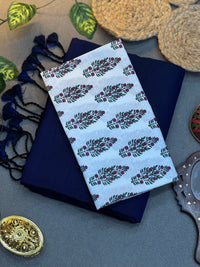 Navy Blue Saree with White Floral Vine Printed Blouse Piece