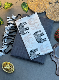Charcoal Grey Saree with Traditional Elephant Printed Blouse Piece