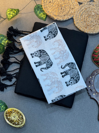 Classic Black Saree with Traditional Elephant Printed Blouse Piece