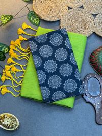 Lime Green Saree with Black Mandala Printed Blouse Piece