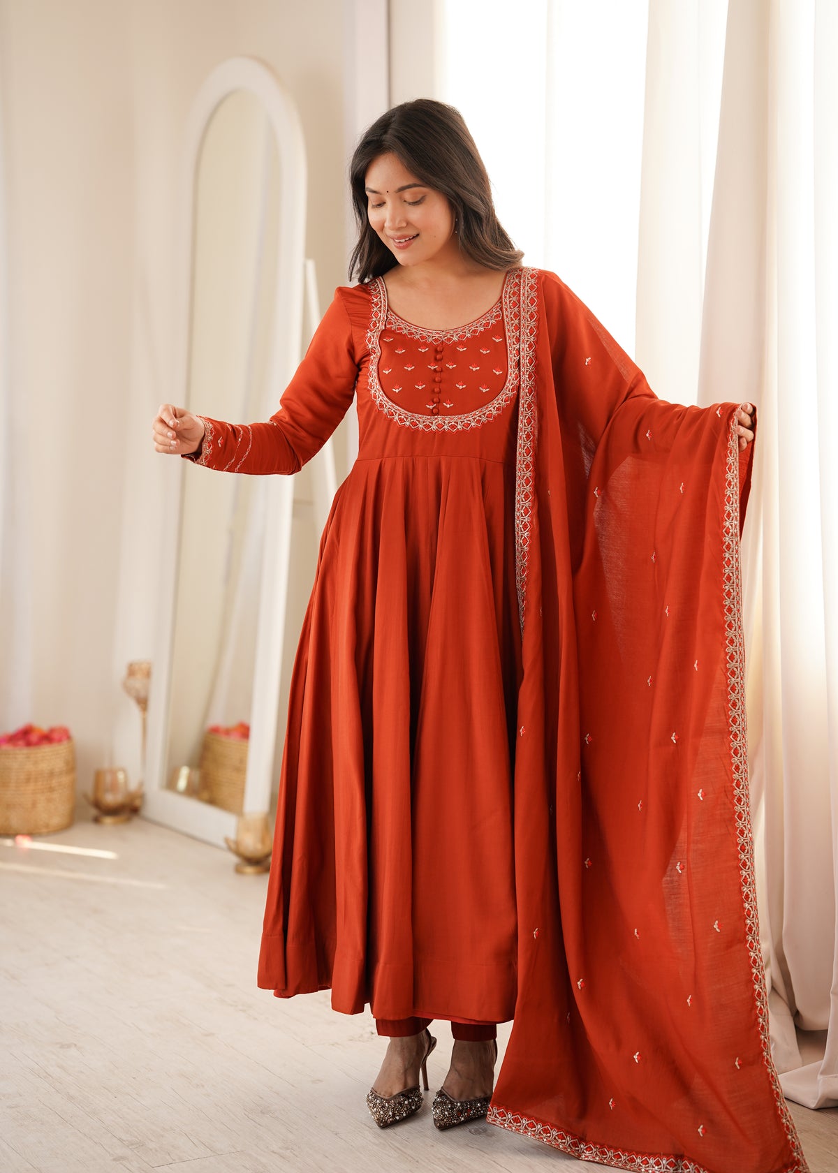 Rust Orange Roman Chanderi Silk 16-Kali Flared Anarkali Gown with Embroidered Dupatta & Pant Set