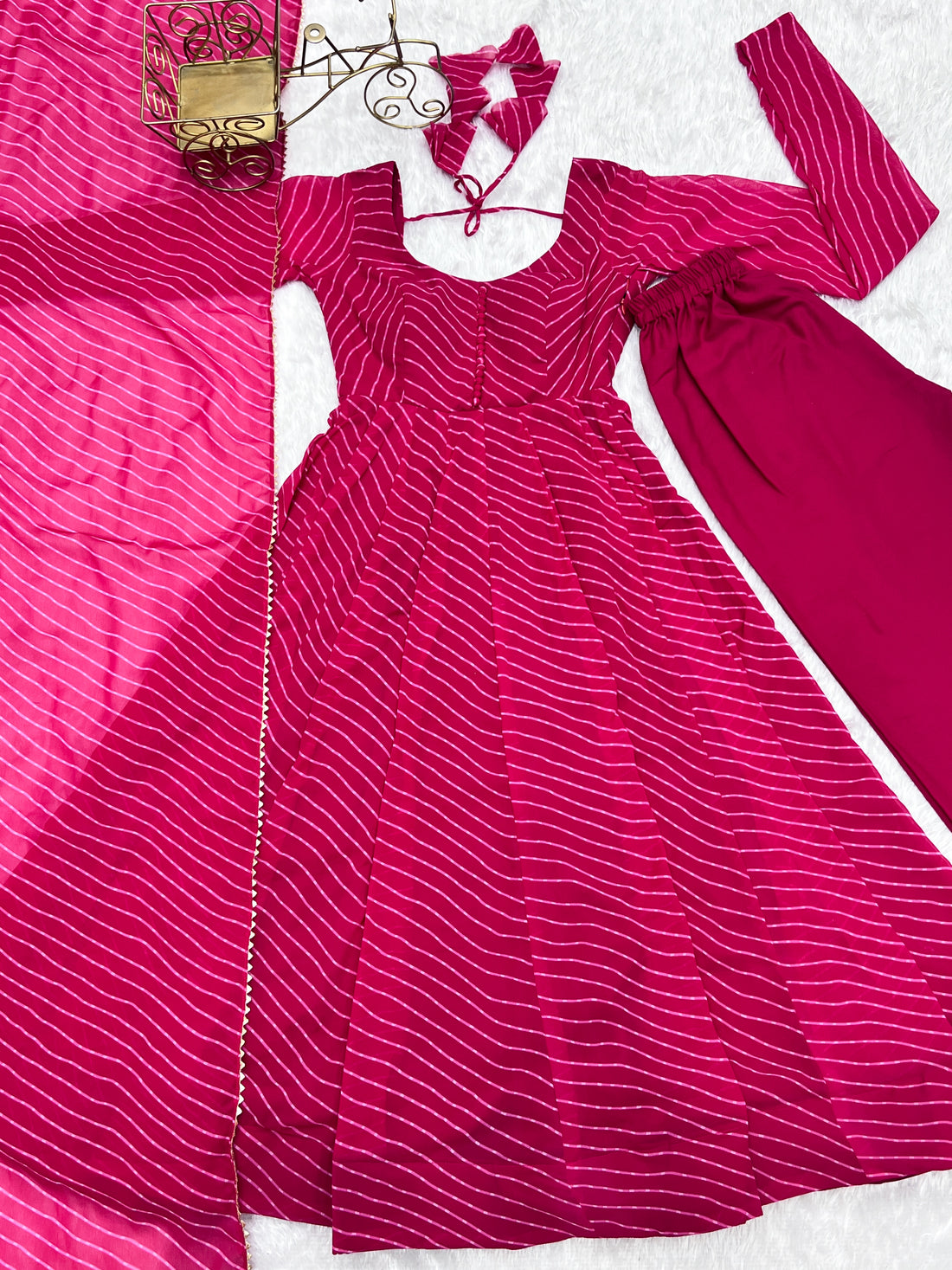 Rani Pink Leheriya Printed Georgette Flared Anarkali Gown with Dupatta & Pant Set