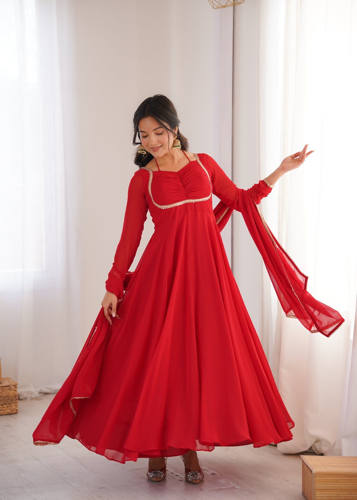 Red Georgette Flared Anarkali Gown with Dupatta Set